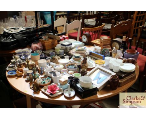 A large quantity of various china and wooden items to include a oak cased 'Frasers of Ipswich' mantel clock, various storage 