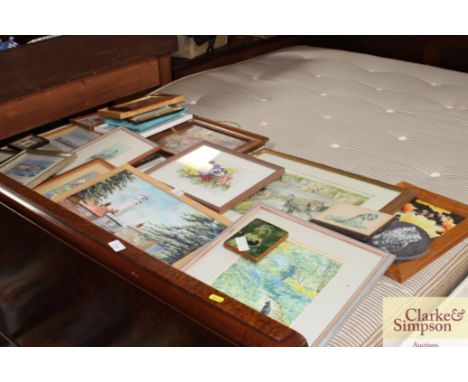 A large quantity of various pictures and prints to include watercolour study of 'Woodbridge and Pin Mill' contained in one fr