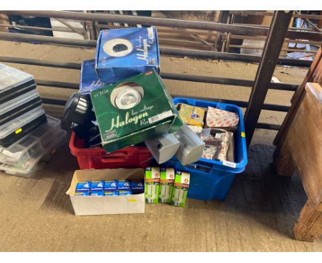 Two boxes of various light fittings, nine Cool Beam halogen lamp bulbs, three energy saving bulbs and screws etc.