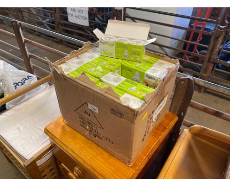 A box containing forty packs of 3X ClearVu dimmable 3.5W warm white LED GU10 light bulbs