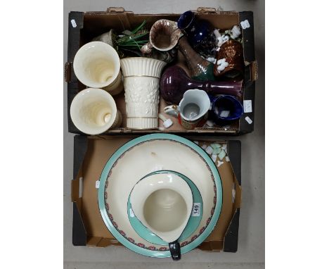 A mixed collection of items to include Empire washbowl and basin, Aynsley Camilla embossed flower pots etc (2 trays)