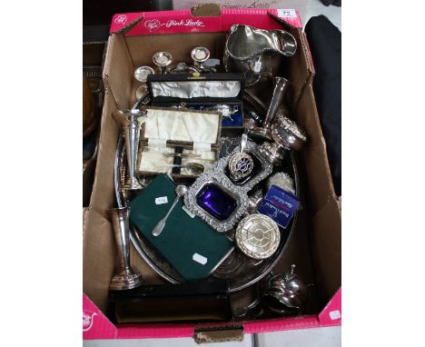 A good collection of silver plate items to include large serving platter, cased fork sets, silver salt spoons, candlesticks e