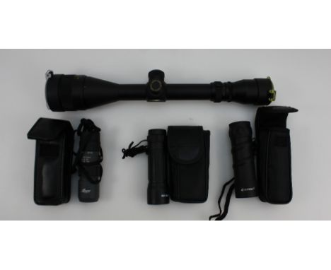 A collection of Hunting optics to include Barska 10x25 Monocular AA10312, Humvee 10x25 Monocular HVM-B-MONO-BLK, Optisan Cobr
