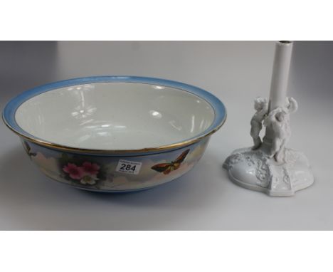 Very large Grimwades basin decorated with butterflies and flowers and Spode lamp base with Cherubs dancing (2)