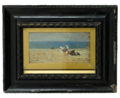 Painter of the first quarter of the XX Century. Marina with characters 8X15,7, Oil on board. Signed