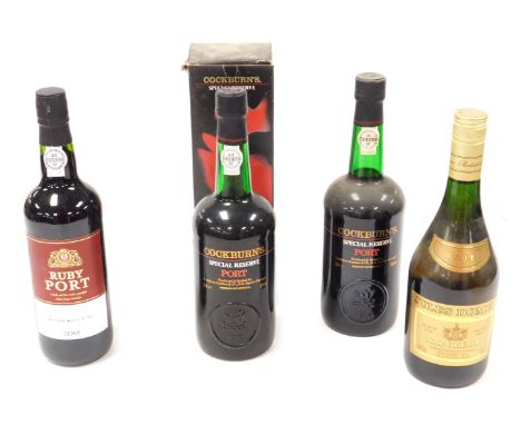 Two bottles of Cockburn's Special Reserve port, one boxed, a bottle of Symington Family Estates ruby port, and a bottle of Ju