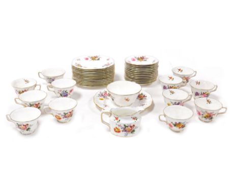 A Royal Crown Derby porcelain Derby Posies pattern tea service, comprising cream jug, sugar bowl, bread plate, twelve tea cup