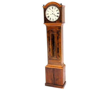 A 19thC Irish mahogany longcase clock, with arched door and plain base with plinth, the 30cm circular painted dial having Rom