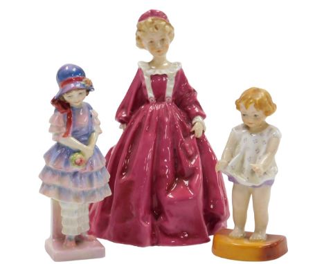 A Royal Worcester figure modelled as Grandmother's Dress, 3081, another modelled as Joan, 2915, and a Royal Doulton figure mo