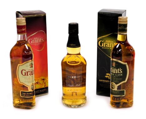 A bottle of William Grant's blended scotch whisky, the family reserve, 70cl, sherry cask reserve whisky 70cl, both boxed and 
