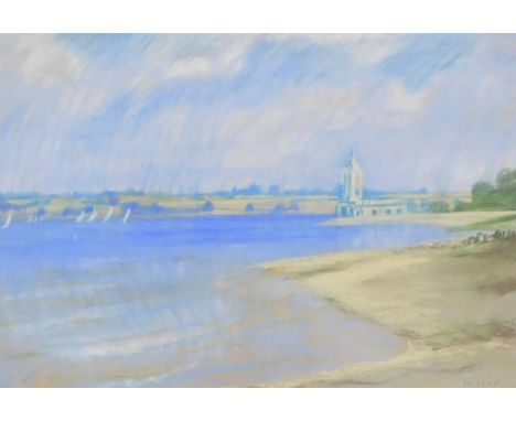 David Hopper (British). Normanton church on Rutland Water, pastel, signed, 52.5cm x 72.5cm.