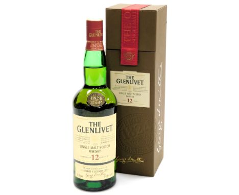 A bottle of the Glenlivet single malt scotch whisky, aged twelve years, boxed.