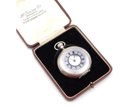 A George VI silver cased half hunter pocket watch, by J W Benson of London, keyless wind, circular enamel dial bearing Roman 