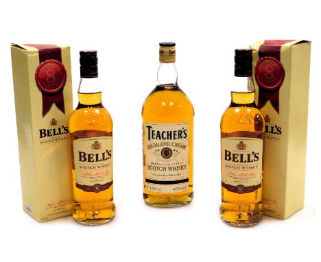 Two bottles of Bell's Finest Old scotch whisky, 70cl, boxed, together with a bottle of Teachers Highland Cream scotch whisky,