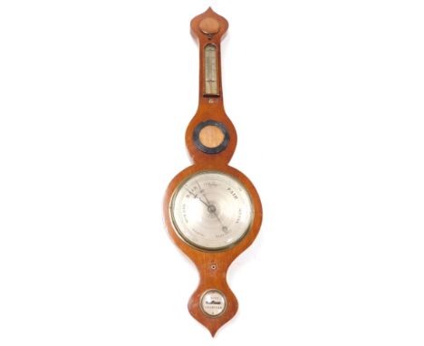 A 19thC mahogany wheel barometer, by Green of Grantham, with a silvered dial, thermometer, and spirit level, the case with bo
