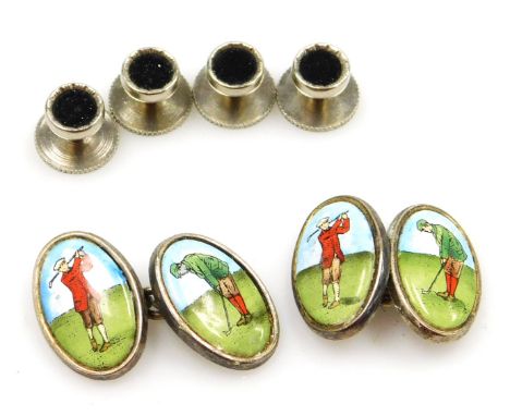 A pair of silver and enamel double oval and chain link cufflinks, decorated with golfers, together with four shirt studs.