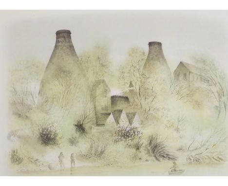 David William Gentleman (British, B.1930). Coalport Bottle Kilns, lithograph, limited edition 112/240, signed, 43.5cm x 55.5c