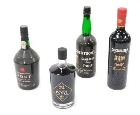 A bottle of Cockburn's Number One special reserve port, vintage character port, special reserve port, and Robertson's Game-Bi