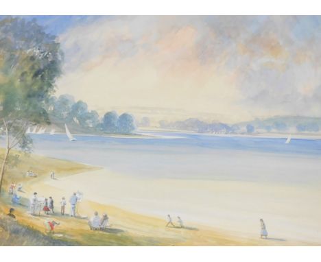 David Hopper (British). Rutland Water with sailing boats and artists painting the scene, watercolour, 52.5cm x 72.5cm.