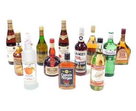 A group of spirits, including Lamb's Navy rum, Jaques Marron Napoleon brandy, Grand Marnier, peach schnapps, Thunderbird, and