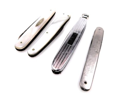 A George V silver and mother of pearl bound folding pocket knife, Sheffield 1919, further mother of pearl bound knife, a "Nat