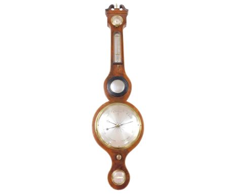 A 19thC mahogany cased wheel barometer, by L Sotcha of Hull, silvered dial, with thermometer, dry damp dial, and central mirr