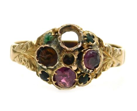 A Victorian ruby and emerald set ring, in yellow metal stamped 15ct, size R, 3.3g. (AF)