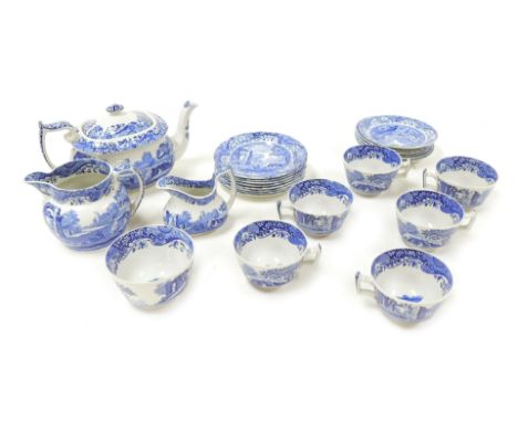 A Copeland Spode Italian pattern pottery part tea service, comprising tea pot, cream jug, sugar bowl, milk jug, six tea cups,