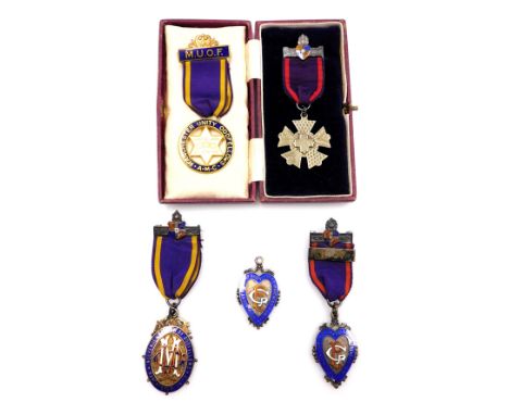 Four Independent Order of Oddfellows silver and enamel jewels, Manchester Unity, one cased, together with an MUOF brass and e