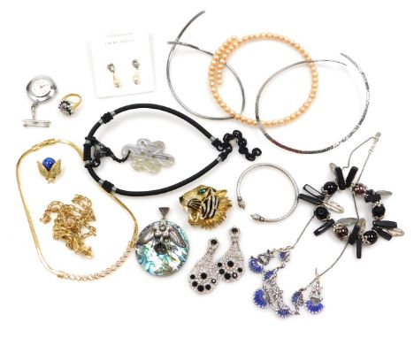 Silver and costume jewellery, including a torc, a brooch formed as a tiger's head, Swarovski crystal necklace, and a Dutch si