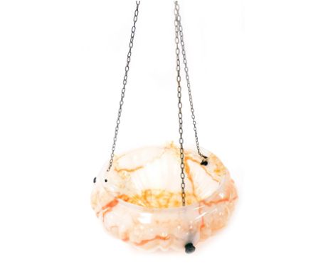 A mid century opaline glass ceiling light, with orange streaked decoration, and three hanging chains, 38cm wide.