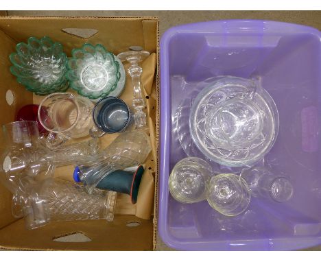 Two boxes of mixed crystal and glass including a set of six green glass bowls, cut glass jug, heavy crystal vases, glass cand