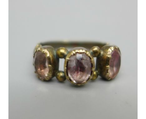 A late Georgian/early Victorian three pink stone ring, K 
