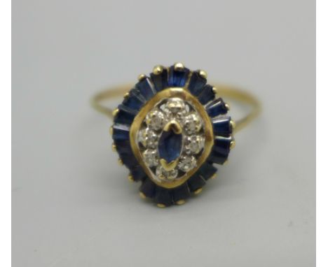 A 9ct gold, sapphire and diamond ring, 2.5g, S 