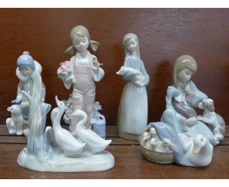 Six figures; five Lladro and one Nao, tallest a/f, flowers 