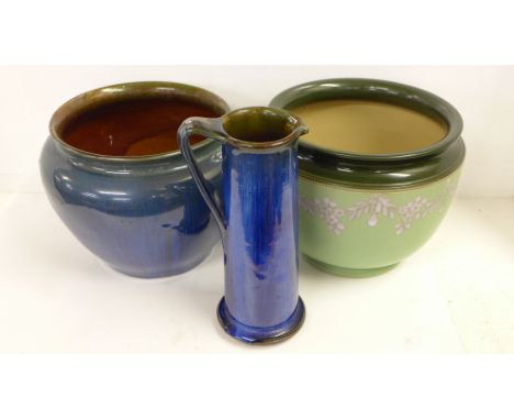 A Bourne Denby Danesby Ware deep blue planter, tall slim ewer and a Langley Ware planter (3) 