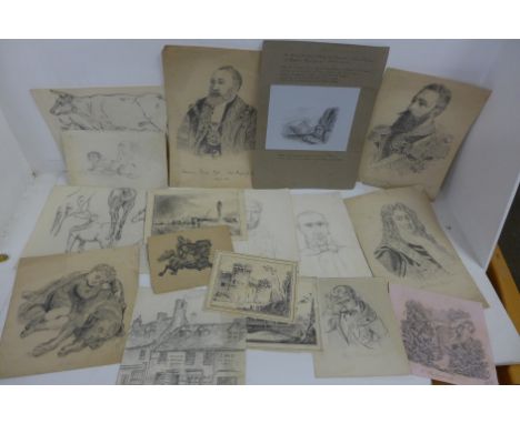 A collection of 19th and early 20th Century pencil drawings, figure studies including a pencil sketch of a WWI soldier, lands