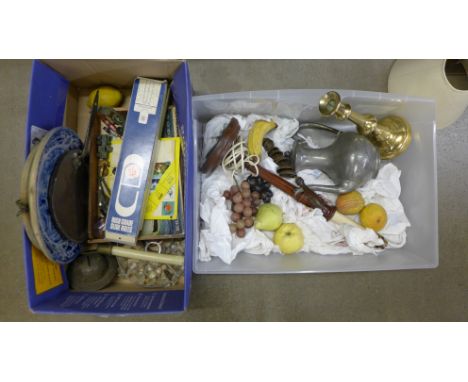 Assorted items including brass, pewter, wooden table lamp, wax fruit, etc., (two boxes) **PLEASE NOTE THIS LOT IS NOT ELIGIBL