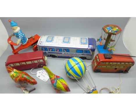 Tin-plate toys including Wells-Brimtoy London trolley bus, a/f, Greyhound Coach, etc., and a plastic Hornby battery operated 