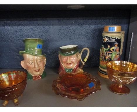 Two Beswick character jugs, three pieces of Carnival glass and a German stein