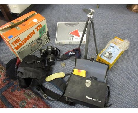 A mixed lot of camera related equipment to include a Prinz Magnon ZR, low lined projector, scales and mixed films