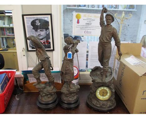 A late Victorian spelter clock garniture, fashioned as three figures fishing, one set with a white enamelled dial, 30 h