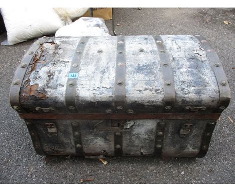 A 19th century leather and metal bound trunk A/F, 17 1/2 h x 28 w