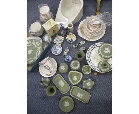 Wedgwood green Jasperware, Delft collectibles, a Paragon part teaset, a ceramic slipper bed pan, commemorative items and othe