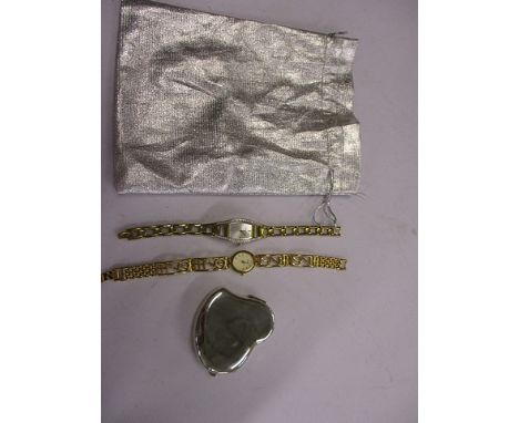 A French silver mirrored compact in the form of a heart and two ladies watches