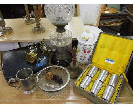 A mixed lot to include a typewriter, a Victorian oil lamp, ceramics, glassware and metalware