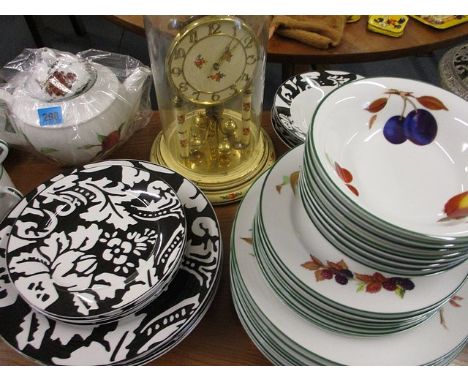 A Royal Worcester Evesham Vale dinner service, Spode Christmas platters, mixed metalware to include vintage brass scales and 