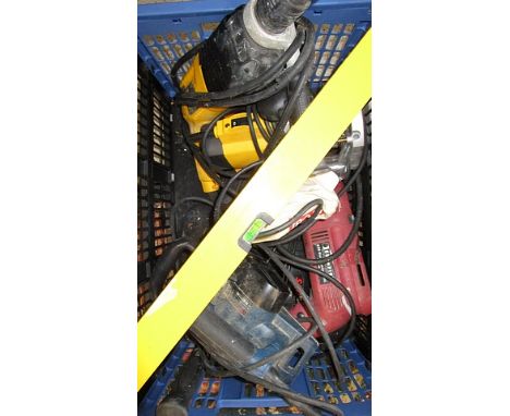 Mixed tools to include a Ryobi sander, a Dewalt drill and router