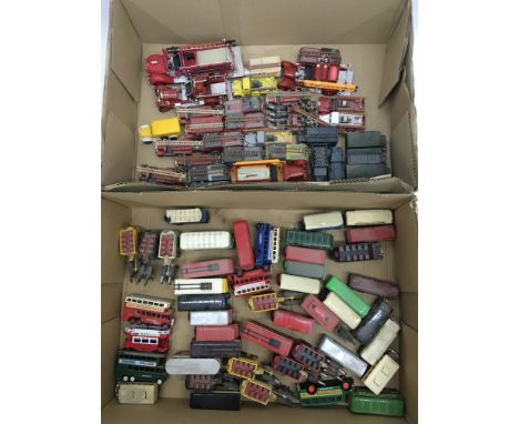 2 boxes containing a collection of unboxed Lledo buses and trams together with a collection of fire engines and WW2 vehicles.