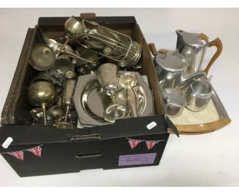 A box containing various silver plated and metalware items including a Picquot ware tea and coffee service.